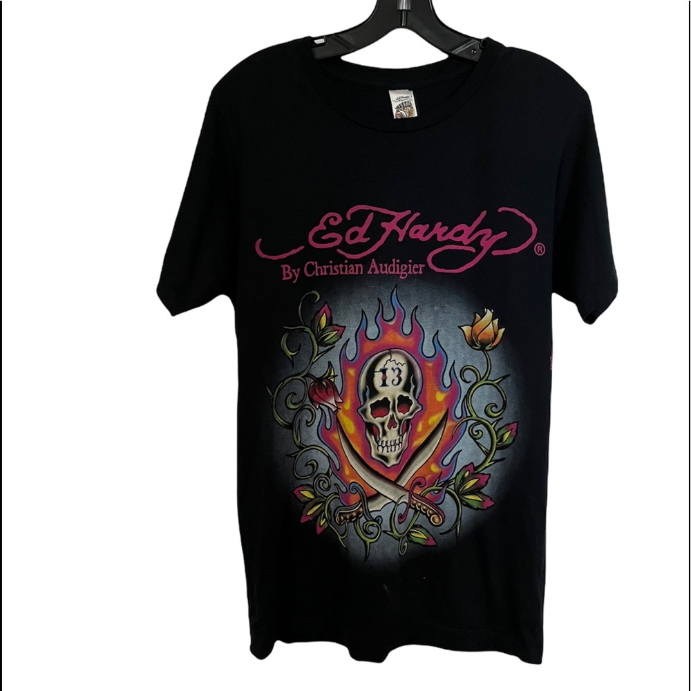 Ed Hardy Black Tee with Colorful Skull Design